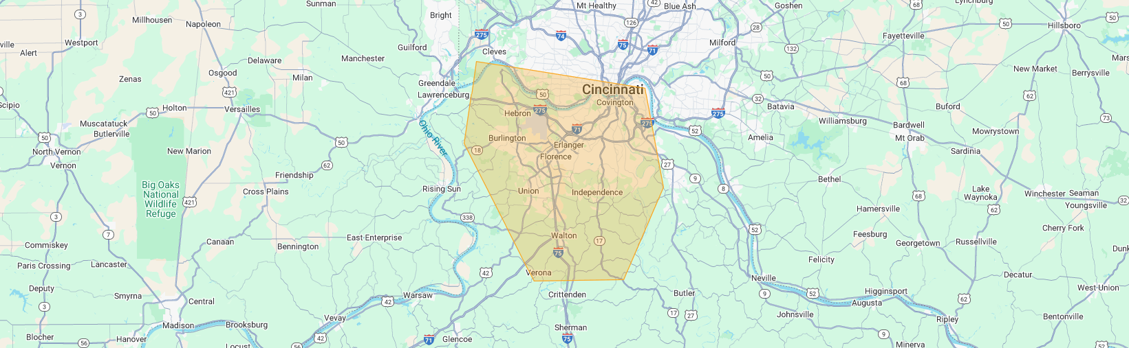 Falcon Restoration service area map covering Cincinnati and surrounding areas